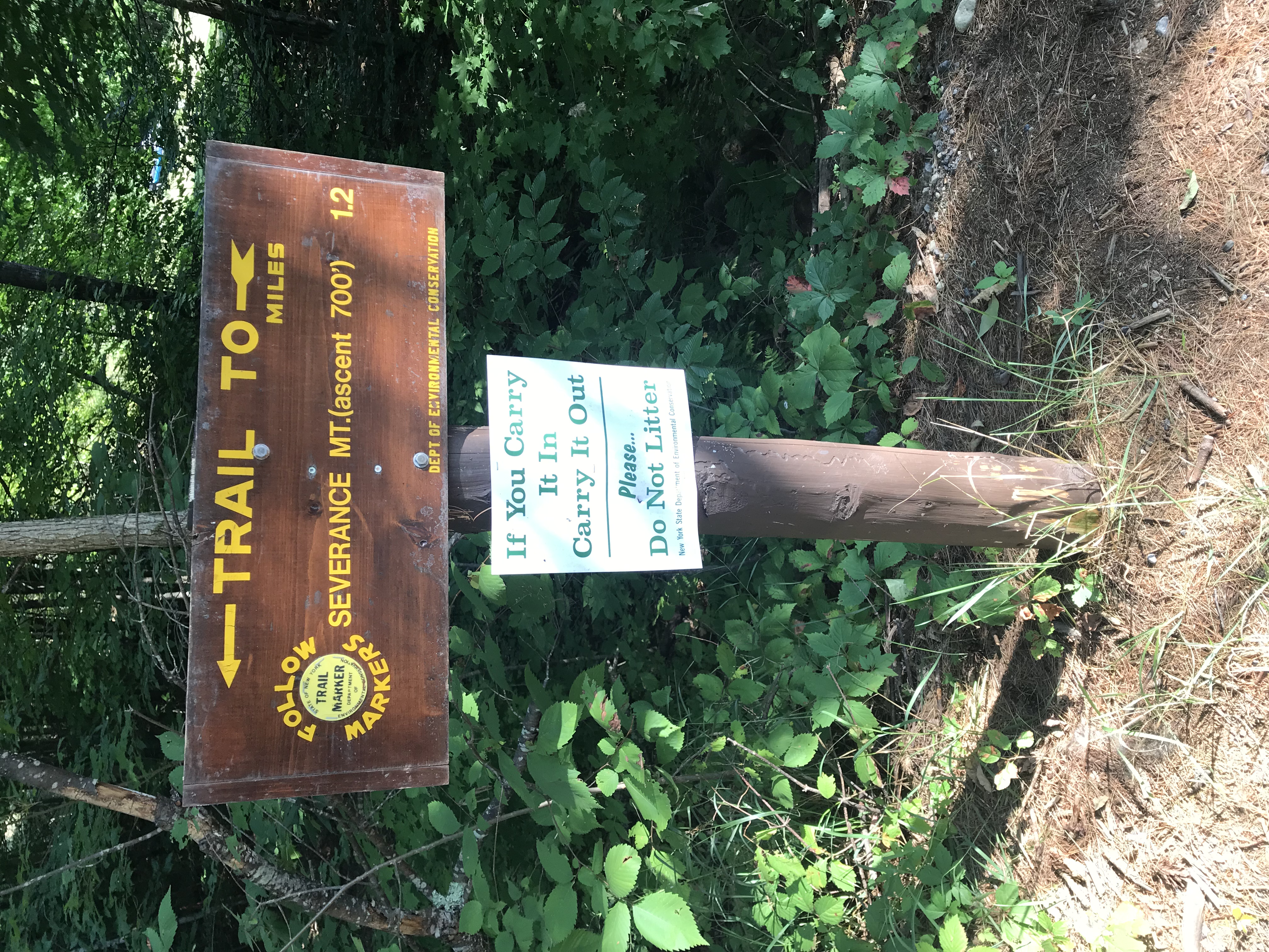 Severance Mountain Trail Sign showing it is 1.2 miles to the summit of the mountain